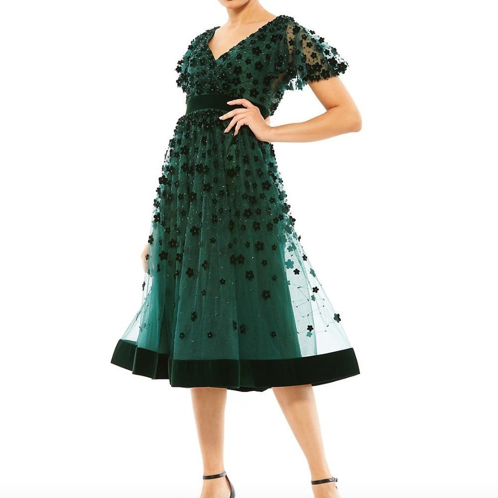 MAC Duggal Short Sleeve Fit & Flare Velvet Embellished Emerald Cocktail Dress -6